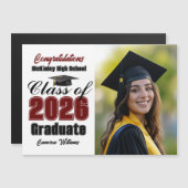 Maroon Class of 2026 Graduation Photo Magnet Card (Voorkant / Achterkant)