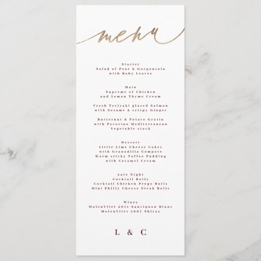 Maroon Classic donkerrode pruim bordeaux bruiloft Menu (Voorkant)