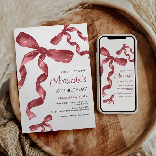 Maroon Coquette Bow Verjaardag Uitnodiging