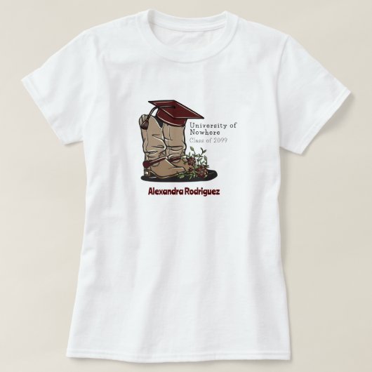 Maroon Cowboy Boot Gradup Cap & Flowers T-shirt (Design voorkant)