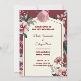 Maroon Cream & Green  Bloemen Border Wedding Kaart
