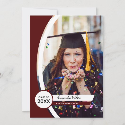 Maroon Curved Lijst Foto Afstuderen Kaart (Voorkant)