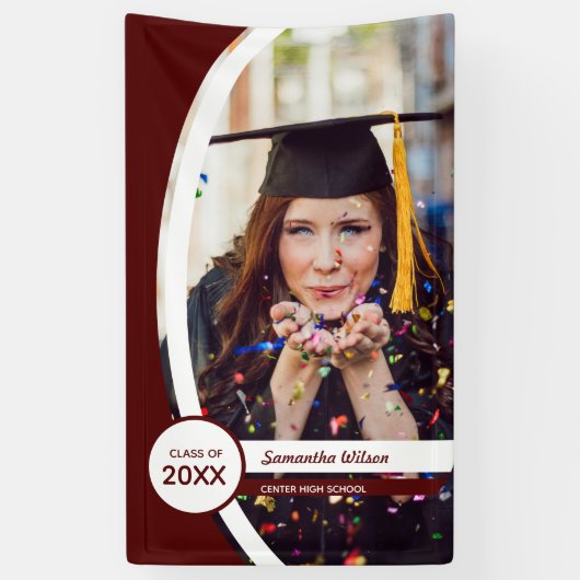 Maroon Curved Lijst Foto Afstuderen Spandoek (Verticaal)
