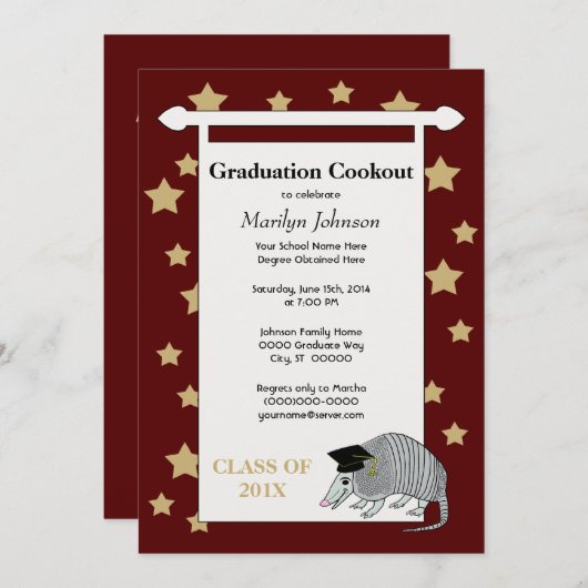 Maroon Cute Armadillo Stars Graduation Party Kaart (Voorkant / Achterkant)