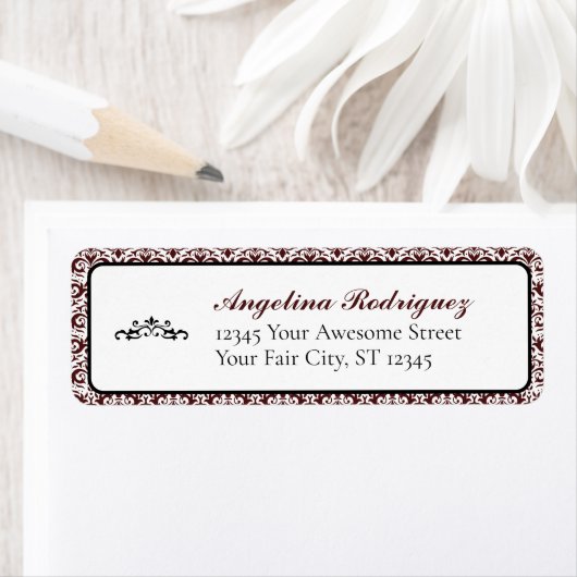 Maroon Damask Pattern Afstuderen Etiket (Insitu)