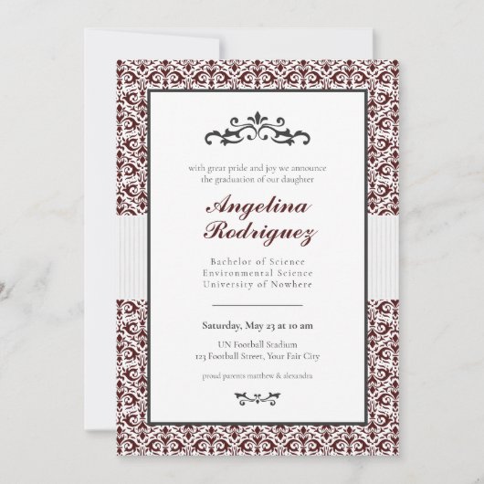 Maroon Damask Pattern Foto Afstuderen Invitation Kaart (Voorkant)