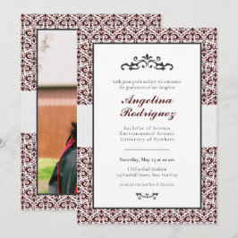 Maroon Damask Pattern Foto Afstuderen Invitation Kaart