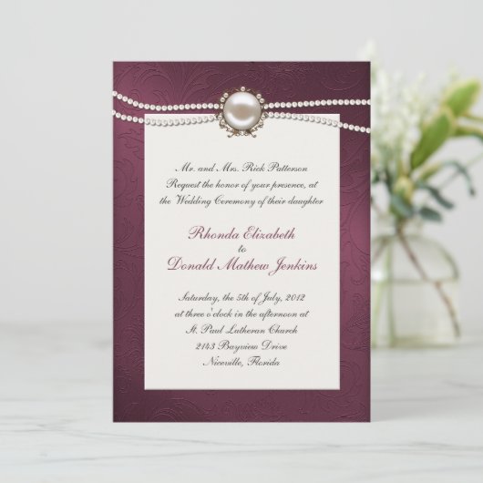 Maroon Damask Wedding Uitnodiging (Staand voorkant)