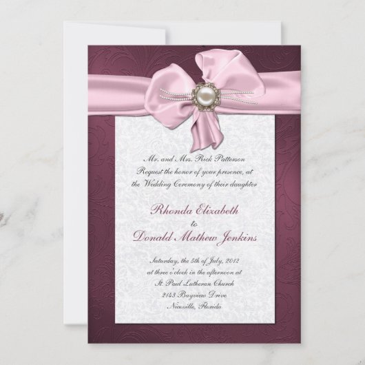 Maroon Damask Wedding Uitnodiging (Voorkant)