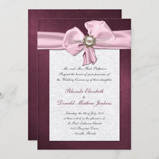 Maroon Damask Wedding Uitnodiging (Voorkant / Achterkant)