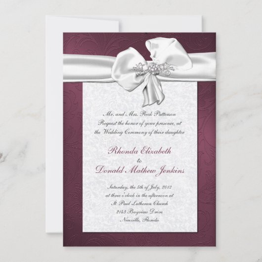 Maroon Damask Wedding Uitnodiging (Voorkant)
