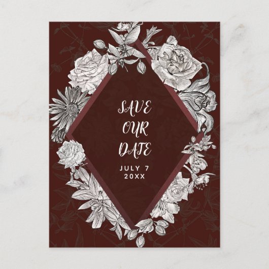 Maroon Diamond  Flowers Save the Date Aankondigingskaart (Voorkant)