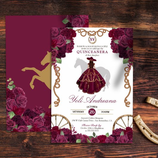 Maroon Donkerrood Western Charro Quinceanera Kaart