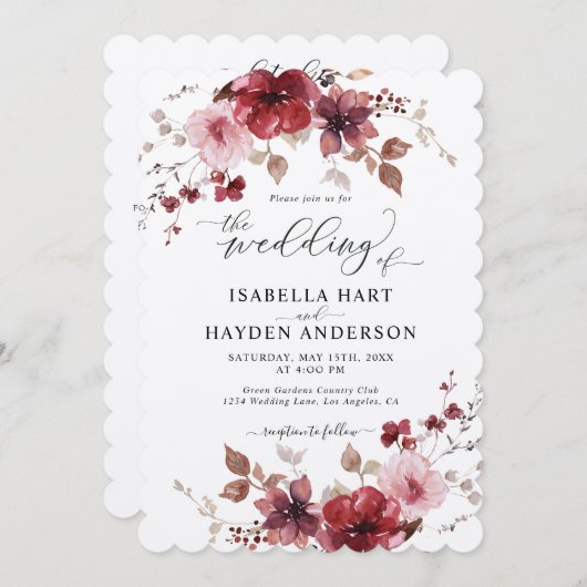 Maroon Dusty Roos Bloemen Alles in 1 QR Code Trouw Kaart (Voorkant / Achterkant)