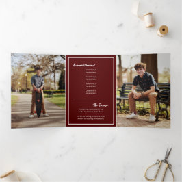 Maroon Edgy Abstract Torn Foto Afstuderen Drieluik Uitnodiging