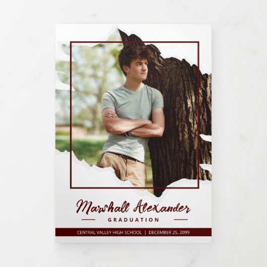 Maroon Edgy Abstract Torn Foto Afstuderen Drieluik Uitnodiging (Cover)