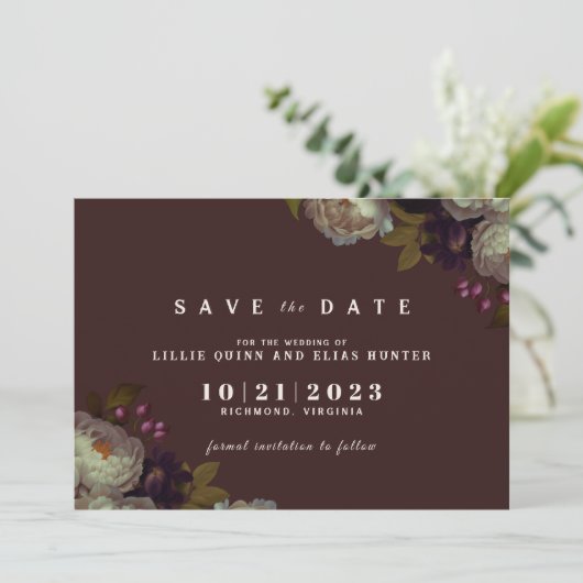 Maroon & Elegant Floral | Romantic Dark Red Save The Date (Staand voorkant)