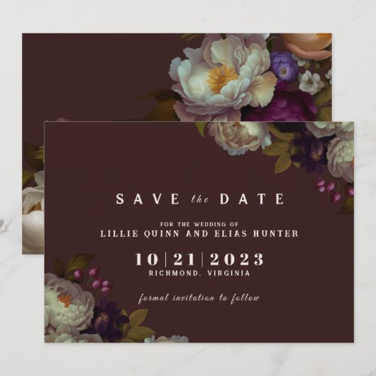 Maroon & Elegant Floral | Romantic Dark Red Save The Date (Voorkant / Achterkant)