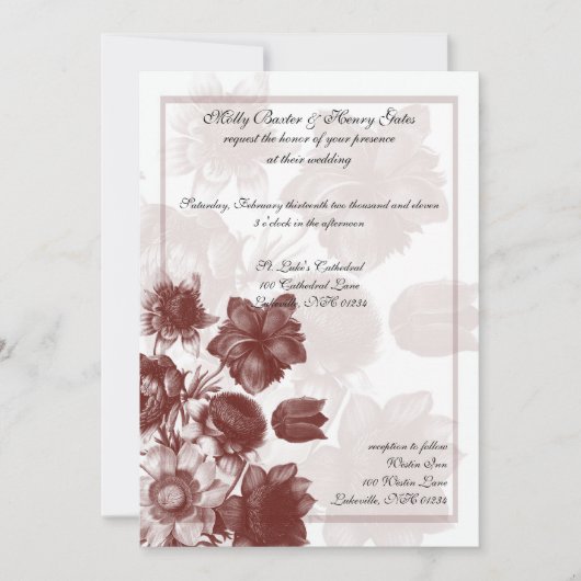 Maroon Elegant Flower Wedding Invitations Kaart (Voorkant)