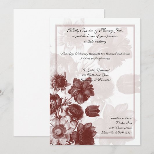Maroon Elegant Flower Wedding Invitations Kaart (Voorkant / Achterkant)