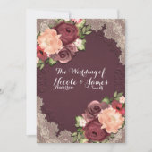 Maroon Elegant Kant & Bloemen Modern Chic Wedding Kaart (Voorkant)