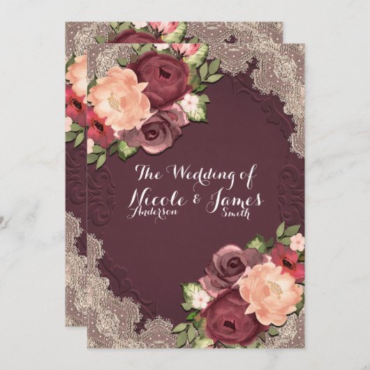 Maroon Elegant Kant & Bloemen Modern Chic Wedding Kaart (Voorkant / Achterkant)