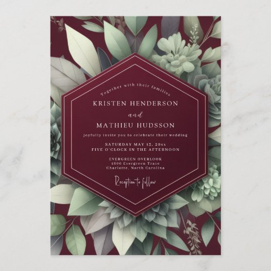 Maroon Elegant Succulent Wedding Kaart (Voorkant)