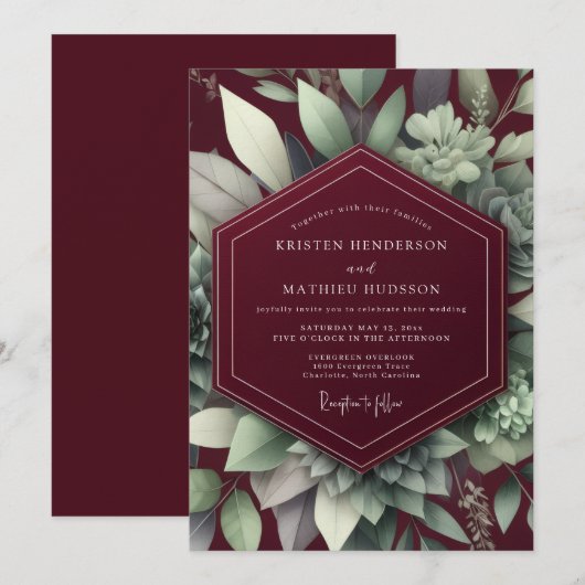 Maroon Elegant Succulent Wedding Kaart (Voorkant / Achterkant)