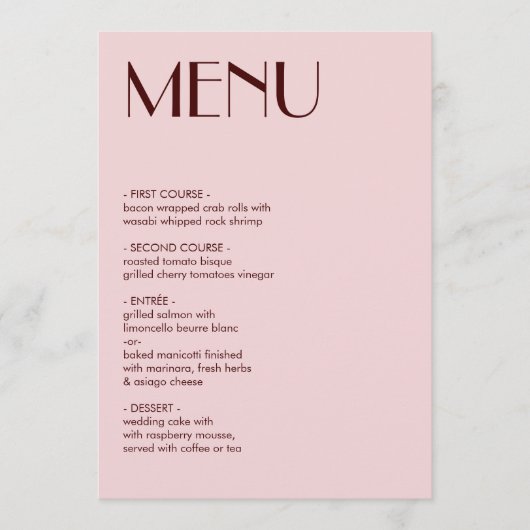 Maroon en bord roze esthetische bruiloft menu (Voorkant)