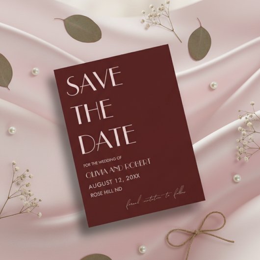 Maroon en bord roze esthetische bruiloft save the date