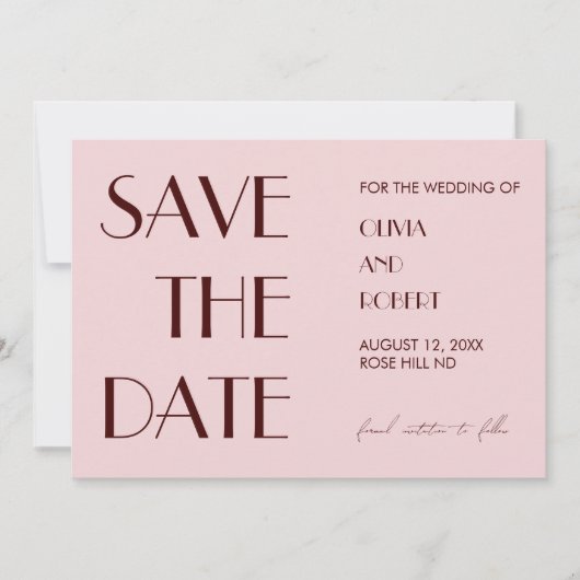 Maroon en bord roze moderne esthetische bruiloft save the date (Voorkant)