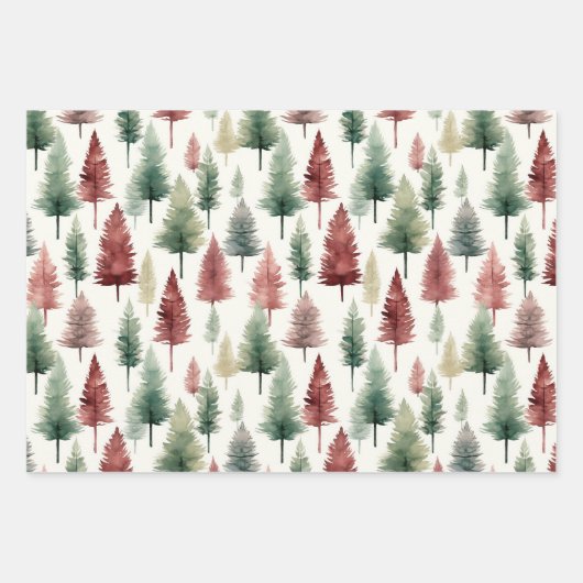 Maroon en donkergroene Waterverf dennenboom Inpakpapier Vel (Voorkant)