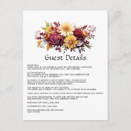 Maroon en Geel Bloemen Bruiloft Gast Details Informatiekaartje