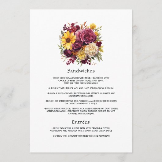 Maroon en Geel Bloemen Bruiloft Gast Details Menu (Achterkant)