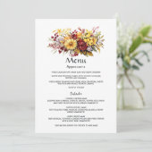 Maroon en Geel Bloemen Bruiloft Gast Details Menu (Staand voorkant)