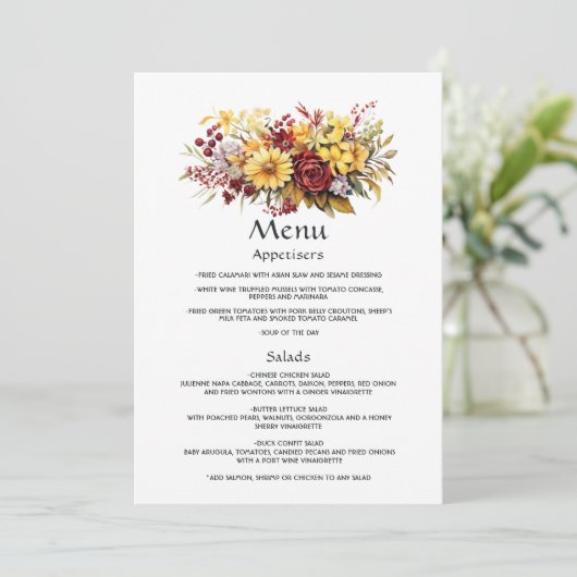 Maroon en Geel Bloemen Bruiloft Gast Details Menu (Staand voorkant)
