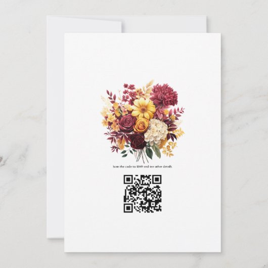 Maroon en Geel Bloemen Huwelijk QR Code Kaart (Achterkant)