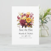 Maroon en Gele Bloemen Bruiloft Save The Date (Staand voorkant)