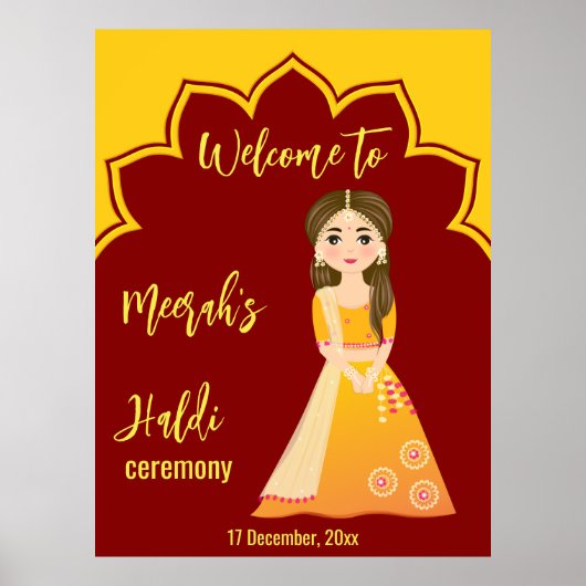 Maroon en gele grenshindu haldi ceremonie poster (Voorkant)