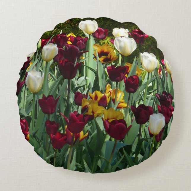 Maroon en gele Tulpen kleurrijke Floral Rond Kussen (Voorkant)