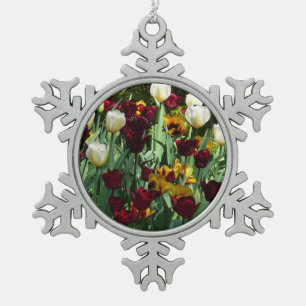Maroon en gele Tulpen kleurrijke Floral Tin Sneeuwvlok Ornament