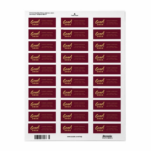 Maroon en Gold Modern Script Afstuderen Adres Etiket (Full Sheet)