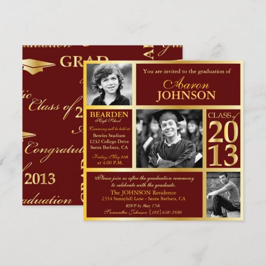 Maroon en Gold Photo Invitation H Kaart (Voorkant / Achterkant)