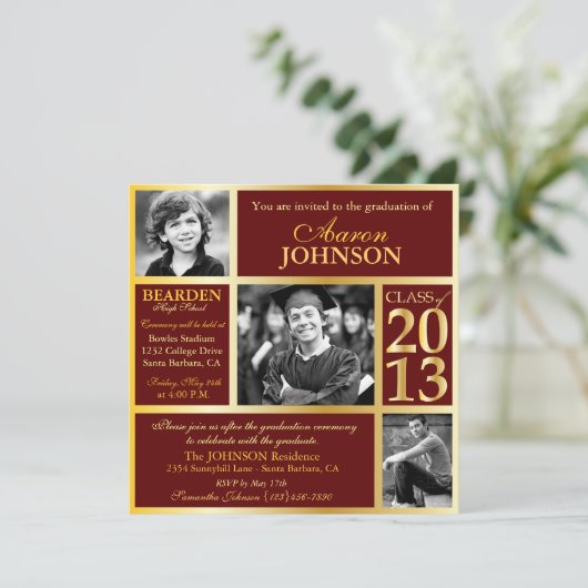 Maroon en Gold Photo Invitation H Kaart (Staand voorkant)