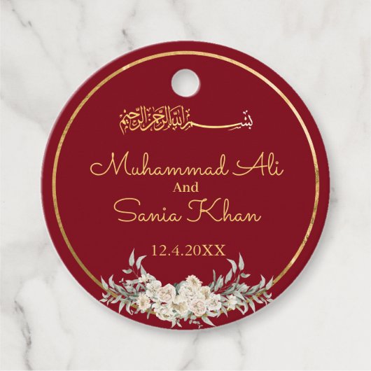 Maroon en Goud Bloemen Islamitische Moslim Bruilof Bedankjes Labels (Voorkant)