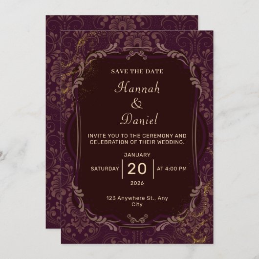 Maroon en goud elegante bruiloft uitnodiging (Voorkant / Achterkant)