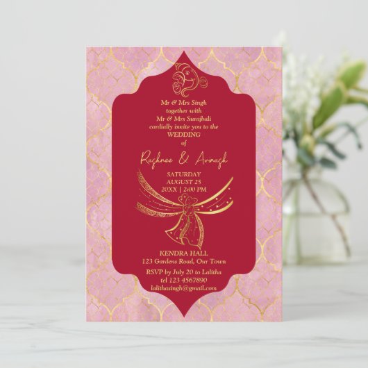 Maroon en goud Hindu trouwknoop Ganesha Kaart (Staand voorkant)