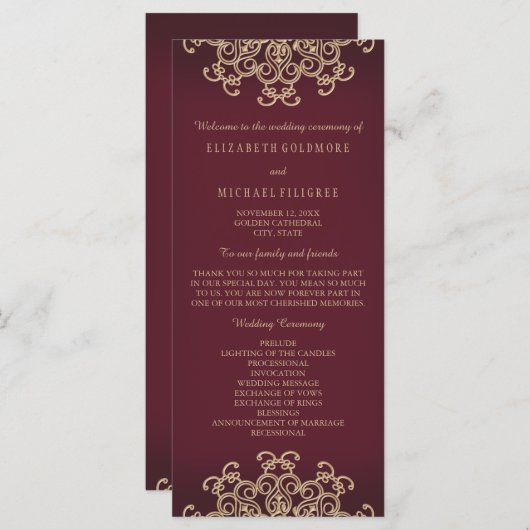 Maroon en Goud Indiaas geïnspireerde bruiloft prog Programmakaart (Voorkant / Achterkant)