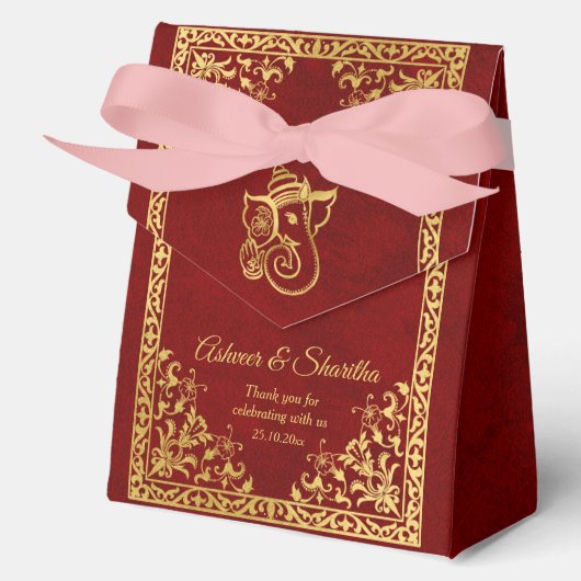 Maroon en goud Indiase bruiloft olifant Bedankdoosjes (Voorkant)