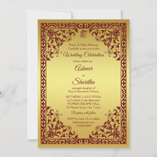 Maroon en goud Indiase bruiloft olifant bruidegoms Kaart (Achterkant)